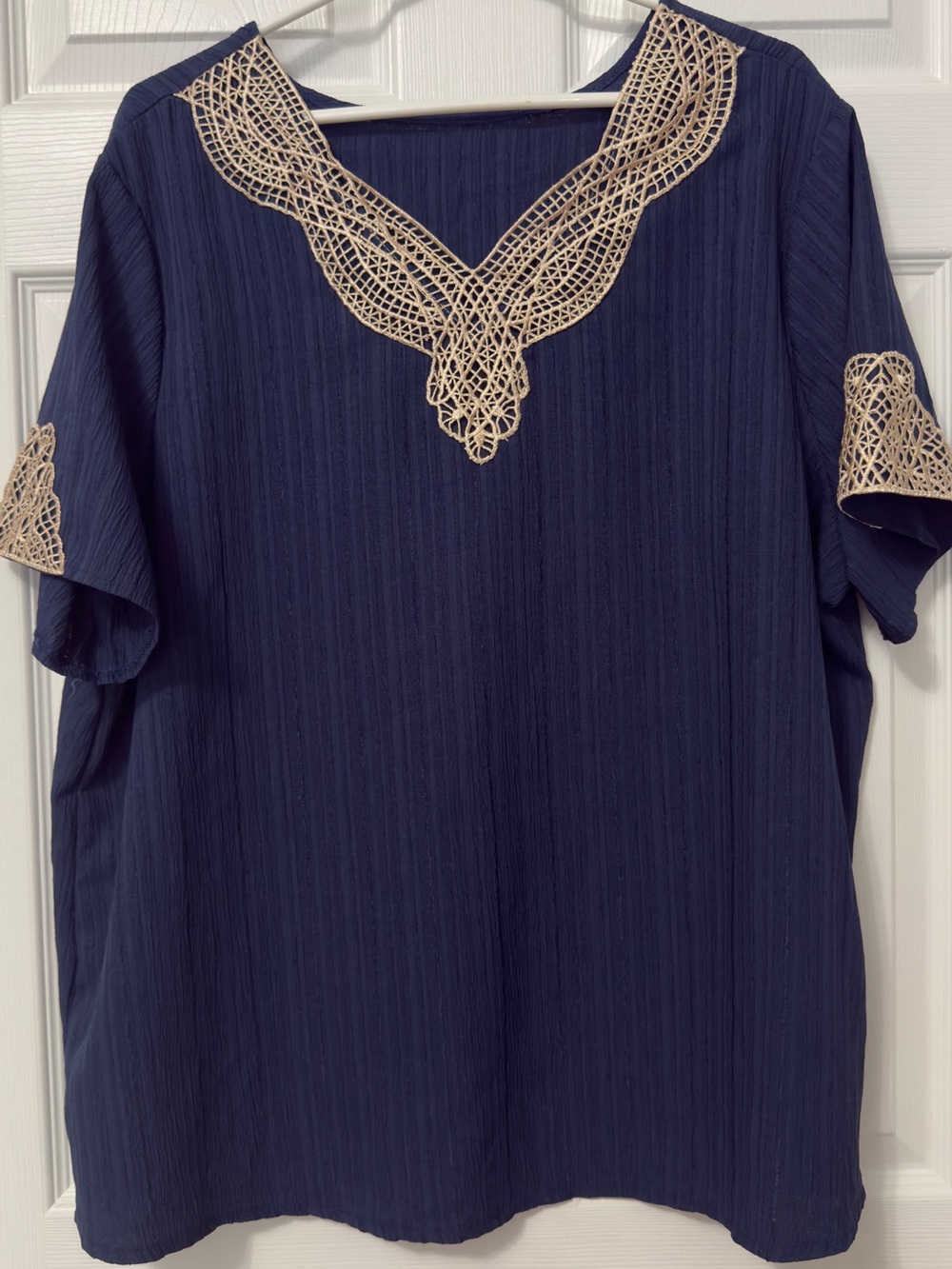 SHEIN Navy Long Sleeve Top with Cream Crochet V-Neck